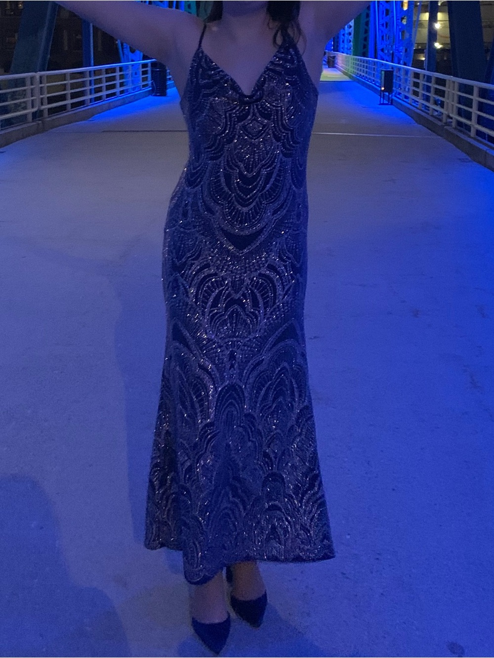 Jump Navy Blue Glittery V-Neck Prom Dress